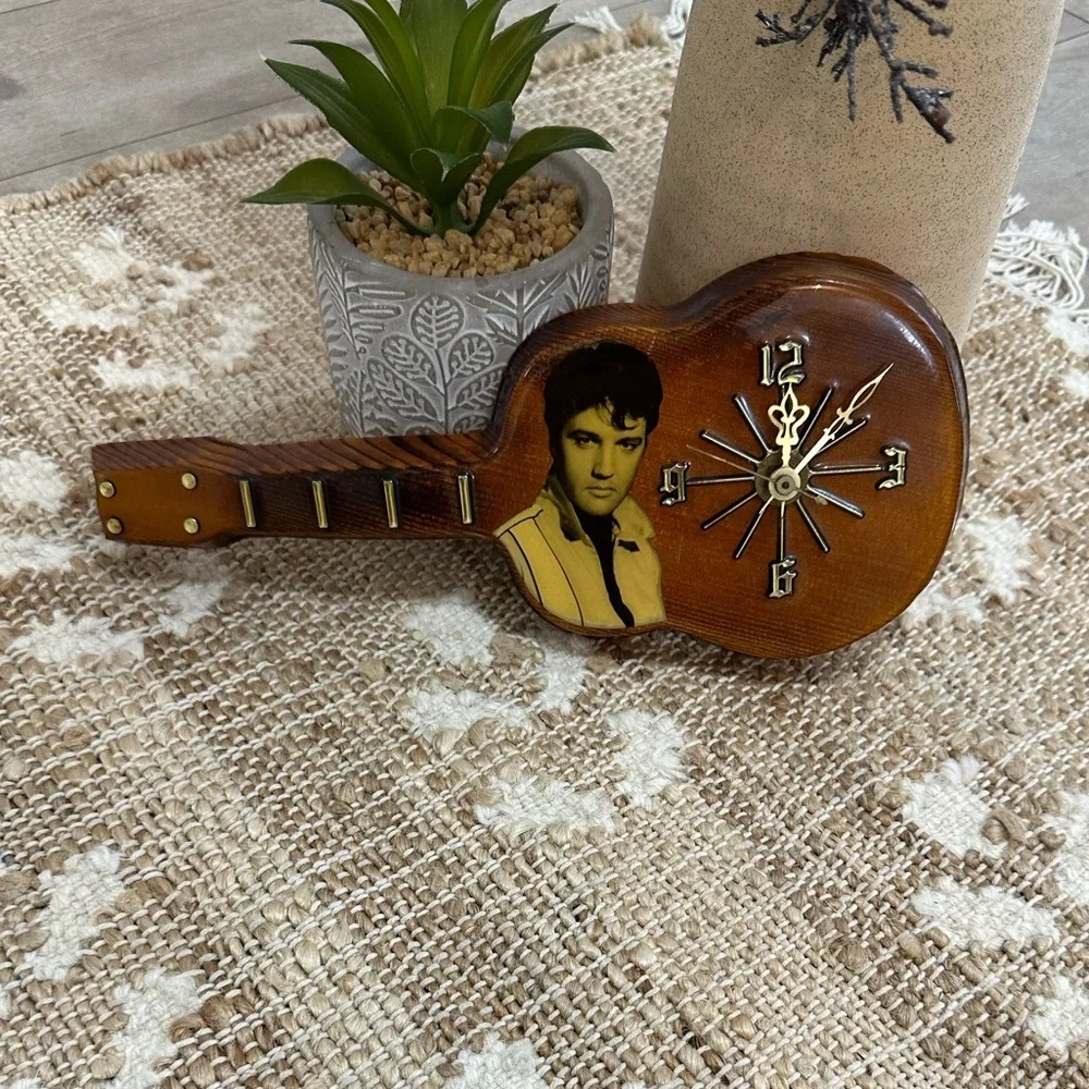 Vintage Elvis Presley Lacquered Wood Working Guitar Shaped Wall Clock